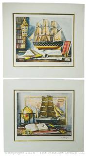 Two (2) Unframed Color Etching of Maritime Table Top Still Life Signed by Artist Charles Cerny.  17" x 15"