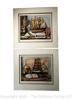 Two (2) Unframed Color Etching of Maritime Table Top Still Life Signed by Artist Charles Cerny.  17" x 15"