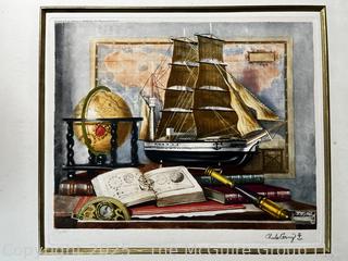 Two (2) Unframed Color Etching of Maritime Table Top Still Life Signed by Artist Charles Cerny.  17" x 15"