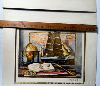 Two (2) Unframed Color Etching of Maritime Table Top Still Life Signed by Artist Charles Cerny.  17" x 15"