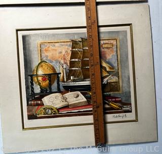 Two (2) Unframed Color Etching of Maritime Table Top Still Life Signed by Artist Charles Cerny.  17" x 15"