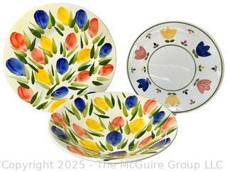 Three (3) Pieces Floral Painted Ceramic Serving Bowls and Platter by Crate & Barrel