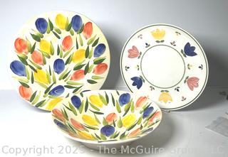 Three (3) Pieces Floral Painted Ceramic Serving Bowls and Platter by Crate & Barrel