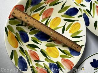 Three (3) Pieces Floral Painted Ceramic Serving Bowls and Platter by Crate & Barrel