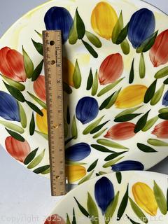 Three (3) Pieces Floral Painted Ceramic Serving Bowls and Platter by Crate & Barrel