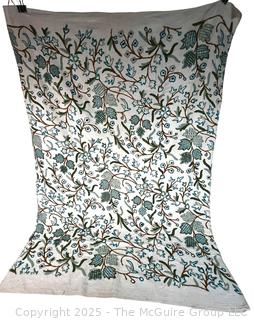 Green Floral Crewel Embroidered Fabric Remnant. 50" x 72"