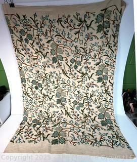 Green Floral Crewel Embroidered Fabric Remnant. 50" x 72"