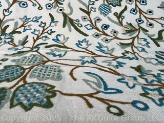 Green Floral Crewel Embroidered Fabric Remnant. 50" x 72"