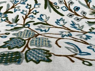 Green Floral Crewel Embroidered Fabric Remnant. 50" x 72"