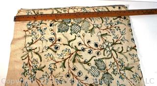 Green Floral Crewel Embroidered Fabric Remnant. 50" x 72"