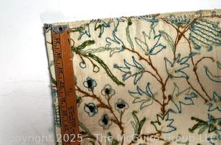 Green Floral Crewel Embroidered Fabric Remnant. 50" x 72"
