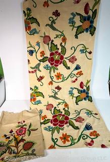 Multicolor Floral Crewel Embroidered Fabric Remnants. 60" x 52"