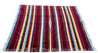 Red Striped Mexican Serape Wool Blanket.  63" x 92"