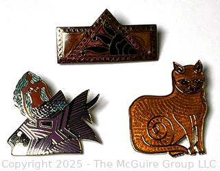 Three (3) Enamel Brooches Including Laurel Burch.