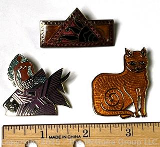 Three (3) Enamel Brooches Including Laurel Burch.