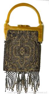 Steel Cut Silver and Gold Beads Purse with Fringe in Bakelite Frame