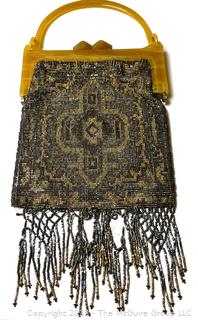 Steel Cut Silver and Gold Beads Purse with Fringe in Bakelite Frame