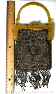 Steel Cut Silver and Gold Beads Purse with Fringe in Bakelite Frame