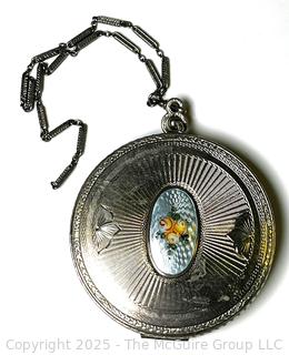 Art Deco Guilloche Enamel Compact Mirror Wristlet.