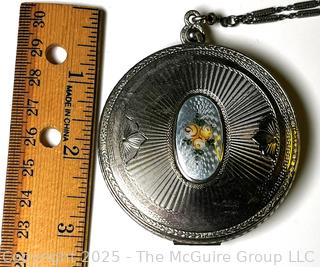 Art Deco Guilloche Enamel Compact Mirror Wristlet.