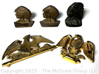 Three (3) Cast Iron Native American Bookends and Brass Eagle Desk Set