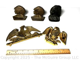 Three (3) Cast Iron Native American Bookends and Brass Eagle Desk Set