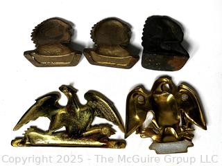 Three (3) Cast Iron Native American Bookends and Brass Eagle Desk Set