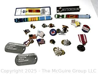 Assortment of Military Pins, Insignia, Medals and Dog-Tags