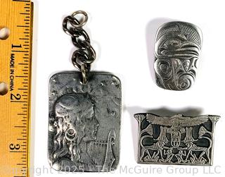 Three (3) Pewter Signed Brooches and Pendant, Including Frederick and Urban Fetishes.