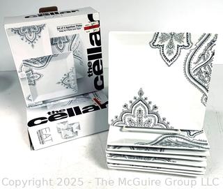 Eight (8) Porcelain Black & White Paisley Luncheon Plates by Cellar, New in Box.