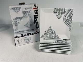 Eight (8) Porcelain Black & White Paisley Luncheon Plates by Cellar, New in Box.
