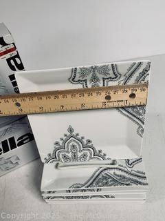 Eight (8) Porcelain Black & White Paisley Luncheon Plates by Cellar, New in Box.
