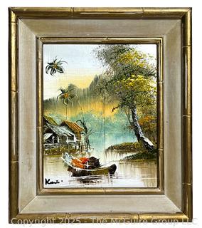 Framed Oil on Canvas Asian Fishing Scene Signed by Artist.11" x 13"