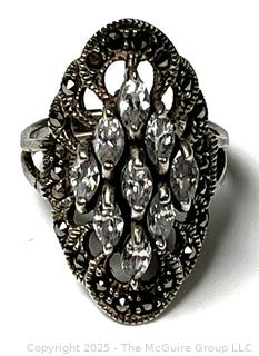 Sterling Silver Art Deco Inspired Cubic Zirconia Marcasite Ring