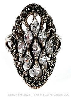 Sterling Silver Art Deco Inspired Cubic Zirconia Marcasite Ring