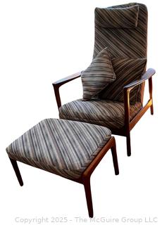 Danish Mid Century Modern Upholstered Reclining Armchair with Adjustable Ottoman, Made in Sweden. In the style of Arnt Lande {Pickup Location: 311 Chestnut St., Falls Church City, VA 22046}