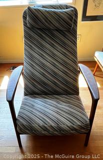 Danish Mid Century Modern Upholstered Reclining Armchair with Adjustable Ottoman, Made in Sweden. In the style of Arnt Lande {Pickup Location: 311 Chestnut St., Falls Church City, VA 22046}