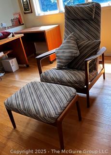 Danish Mid Century Modern Upholstered Reclining Armchair with Adjustable Ottoman, Made in Sweden. In the style of Arnt Lande {Pickup Location: 311 Chestnut St., Falls Church City, VA 22046}