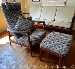 Danish Mid Century Modern Upholstered Reclining Armchair with Adjustable Ottoman, Made in Sweden. In the style of Arnt Lande {Pickup Location: 311 Chestnut St., Falls Church City, VA 22046}