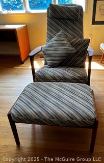 Danish Mid Century Modern Upholstered Reclining Armchair with Adjustable Ottoman, Made in Sweden. In the style of Arnt Lande {Pickup Location: 311 Chestnut St., Falls Church City, VA 22046}