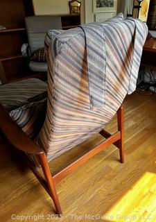Danish Mid Century Modern Upholstered Reclining Armchair with Adjustable Ottoman, Made in Sweden. In the style of Arnt Lande {Pickup Location: 311 Chestnut St., Falls Church City, VA 22046}