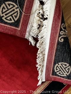 Chinese Wool Hand-Tufted Aubusson Rug, Red on Black Ground. 6' x 8' {Pickup Location: 311 Chestnut St., Falls Church City, VA 22046}