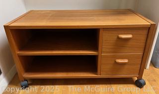 Mid-Century Scandinavian Modern Rolling Teak Stereo Cabinet.  33" x 17" x 18"  {Pickup Location: 311 Chestnut St., Falls Church City, VA 22046}