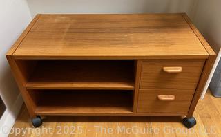 Mid-Century Scandinavian Modern Rolling Teak Stereo Cabinet.  33" x 17" x 18"  {Pickup Location: 311 Chestnut St., Falls Church City, VA 22046}