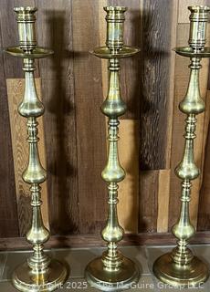 Three (3) Tall Floor Standing Brass Church Altar Candlesticks from Jerusalem. 43" {Pickup Location: 311 Chestnut St., Falls Church City, VA 22046}