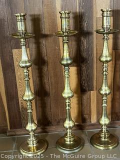 Three (3) Tall Floor Standing Brass Church Altar Candlesticks from Jerusalem. 43" {Pickup Location: 311 Chestnut St., Falls Church City, VA 22046}