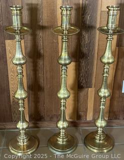Three (3) Tall Floor Standing Brass Church Altar Candlesticks from Jerusalem. 43" {Pickup Location: 311 Chestnut St., Falls Church City, VA 22046}