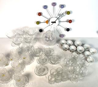 Wood Ball Wall Clock 13" - George Nelson Style Mid Century Modern Living Room and Polish Cut Crystal Glassware by Koscianski
