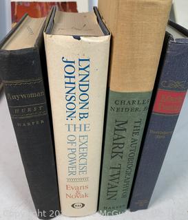 Four (4) Books Including Mark Twain Autobiography, Huckleberry Finn, Anywoman, and a Political Biography About President LBJ.