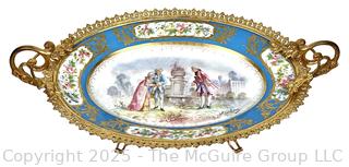 French Hand-Painted Sèvres Porcelain Compote with Gilt Bronze Mounts  Depicting A Courting Scene.